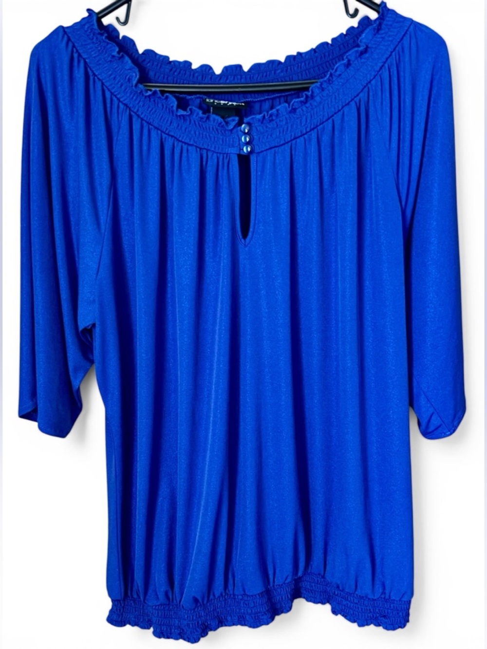 Lane Bryant Blue Flowy Peasant Blouse Shimmery Stretch Size 14/16W